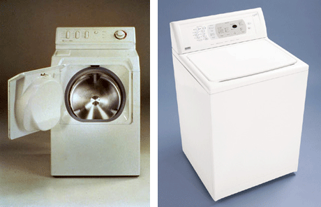 Two washing machines.  A Horizontal axis (front loading) and a Vertical axis (top loading).