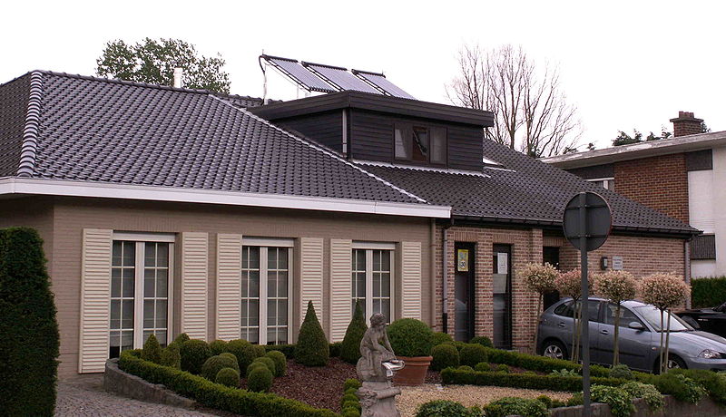 A roof mounted solar water heater.