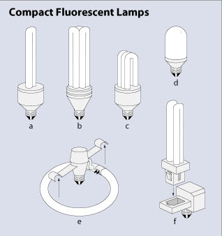 Types of compact fluorescent bulbs available in the market, labeled a-f and described in text..
