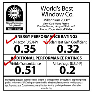 Energy performance rating sticker showing 4 categories. U-Factor: 0.35; Solar Heat Gain Coefficient: 0.32; Visible Transmittance: 0.51; Air Leakage: 0.2. Air leakage is the only category without a checkmark.