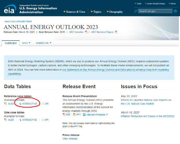 Screenshot of EIA Website identifying the location of the Interactive Table Viewer in the lower right corner.