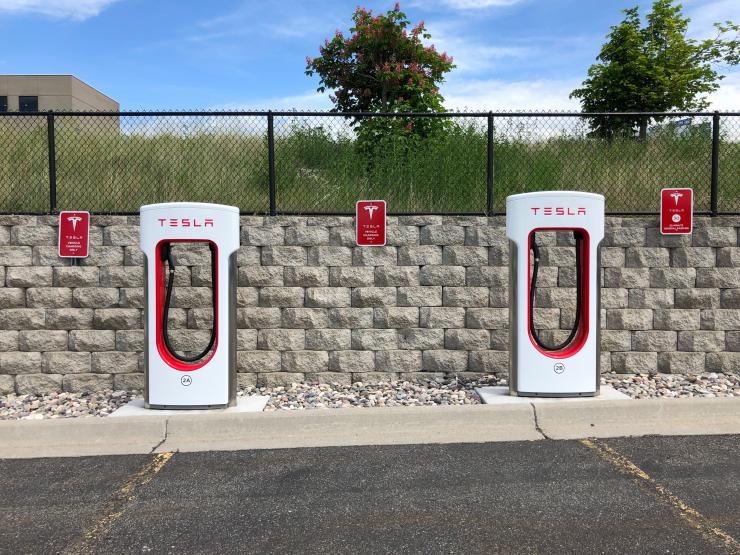 Tesla charging stations in parking lot