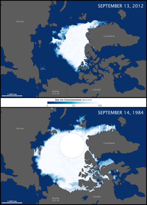 Changes in polar ice cap around Greenland between 1984 & 2012. In 1984 ice was over double and touched Alaska & canada. In 2012 it does not