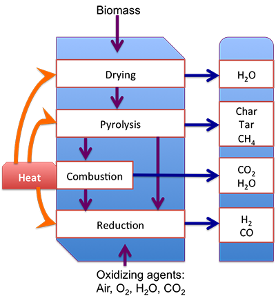 general schematic of different regions in gasifier, see text description below