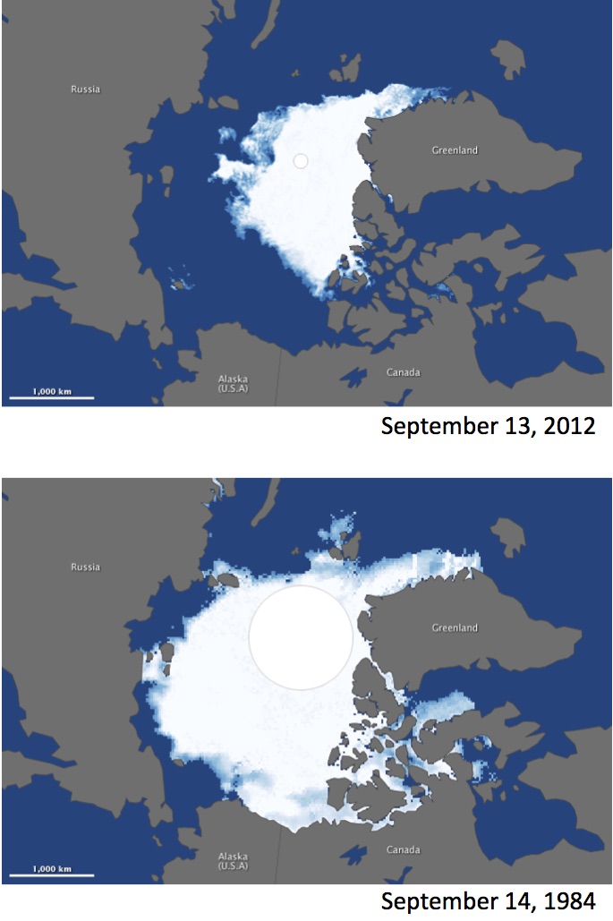 Cambios en la capa de hielo polar alrededor de Groenlandia entre 1984 y 2012. En 1984 el hielo era más del doble y tocó Alaska y Canadá. En 2012 no