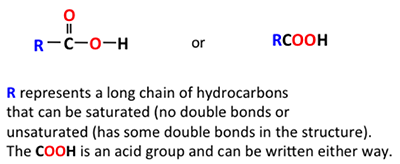Central carbon atom double bonded to an oxygen atom, & bonded to an OH group & a long chain of hydrocarbons (designated R) Short hand=RCOOH