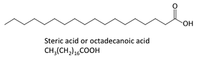 Ácido estérico CH3 (CH2) 16COOH, todos los enlaces simples de carbono a carbono.