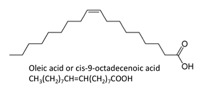 Oleic Acid CH3(CH2)7CH=CH(Ch2)7COOH, 18 total carbons, all single carbon to carbon bonds except a double bond between carbons 9-10