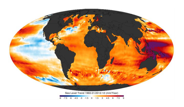 Sea level rise globally. No change to slight lower on Pacific coast of the Americas. Everywhere else rose. Large rise in south pacific.