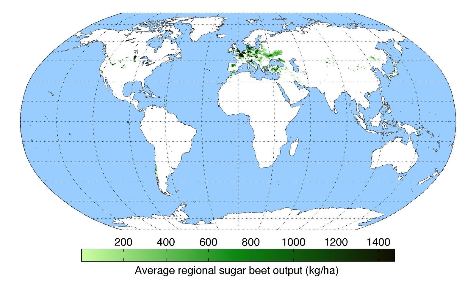 world map showing sugar beet production concentrated in Europe with some production in rural United States