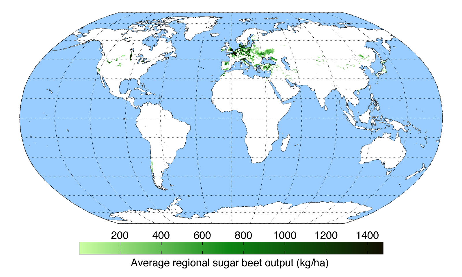 mapa mundial que muestra la producción de remolacha azucarera concentrada en Europa con cierta producción en las zonas rurales de Estados Unidos