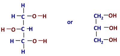 Estructura química del glicerol, cadena de 3 carbonos con 1 grupo OH unido a cada carbono. 1 forma todos OH mismo lado, 2do lado medio OH opuesto