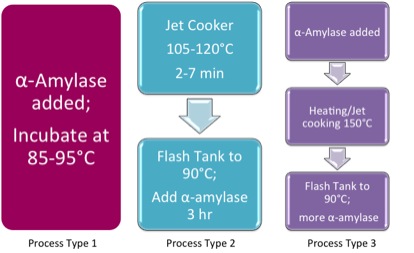 three options for liquefaction of corn mash, see text description below