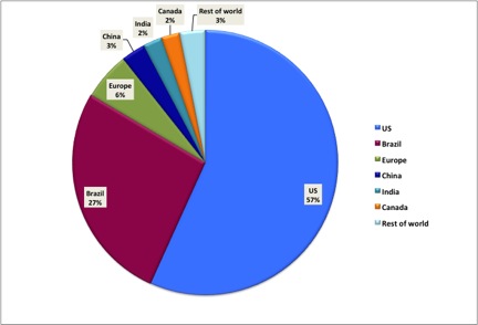 gráfico circular de la producción mundial de etanol como se describe en el texto