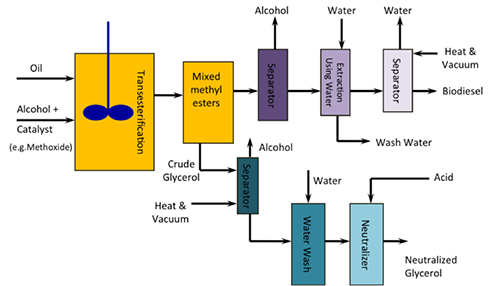 Esquema del proceso de biodiesel usando transesterificación. ver descripción larga a continuación