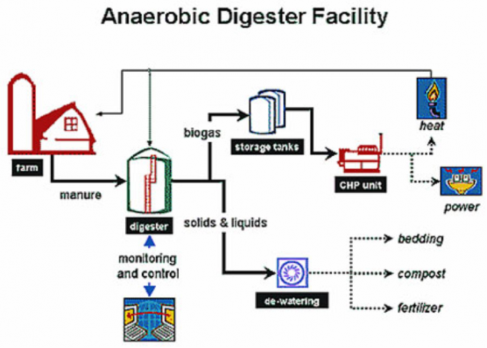 Schematic of an anaerobic digester facility and product output see text description