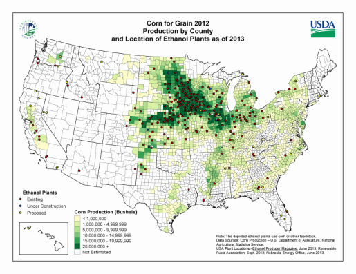 Producción de maíz y ubicación de plantas etonales en EE.UU. 2013.La mayoría de las plantas de maíz y etanol en el Medio Oeste Norte