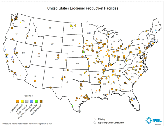US biodiesel production facilities, 2007. Most plants sit on the Eastern half of the united states, especially in the great lakes region