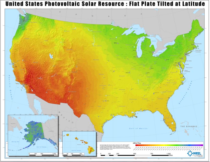 Average daily insulation in the U.S. Greatest irradiation occurs in the south west and south with the least occurring in Washington and New England