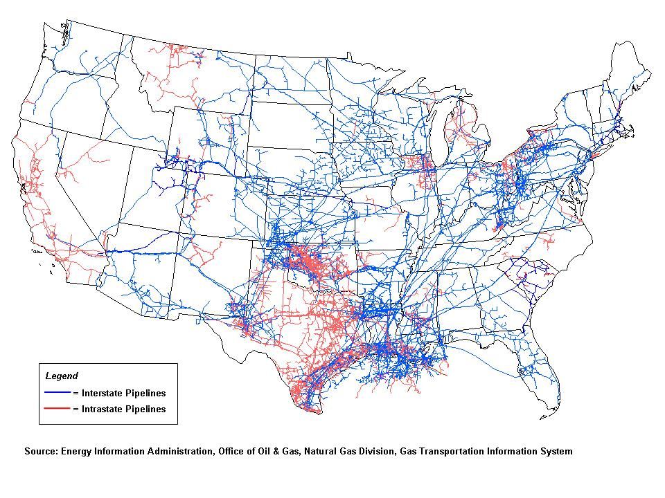 USA map showing the numerous inter- and intra-state natural gas pipelines. Most in TX, OK and along the great lakes