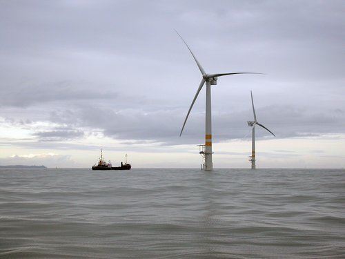 3.6 MW wind turbine installed off shore. Large turbines have immersed in water. 