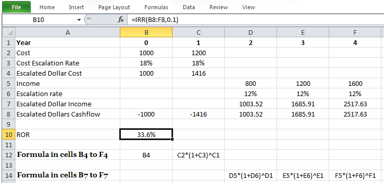 Excel screen capture of calculating ROR. Described in surrounding text