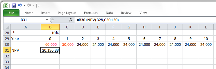 Screenshot of Excel doc illustrates calculation of NPV function