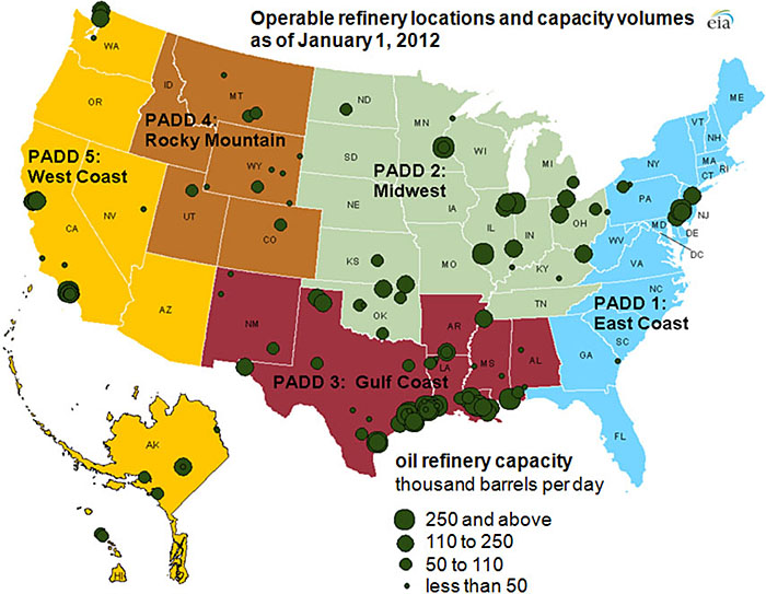  Map showing operable refinery locations and capacities described in article above