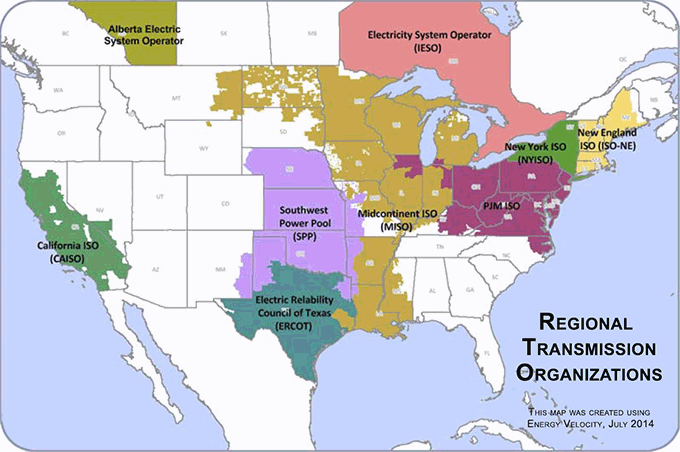  Map showing areas of the United States that have adopted regional electric markets. Above VA, Midwest, South West CA & TX