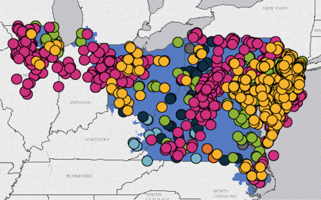 Map described in above text. Most points are between PA, OH, and VA with some in northern Illinois and Indiana.