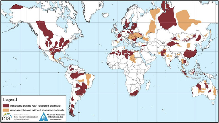 Map: location of basins with assessed shale oil & gas. Some in N. America, several in S. America, Asia & Europe. Few at tips of Africa
