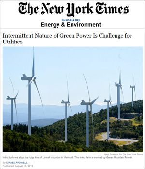  Screen capture of a New York Times article: Title and image of wind turbines.