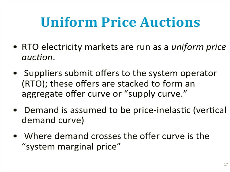 Powerpoint slide showing Uniform Price Auctions. The graphic is described in the text below.