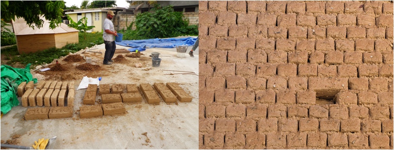 picture of adobe bricks manufacturing on left and laid adobe bricks on the right