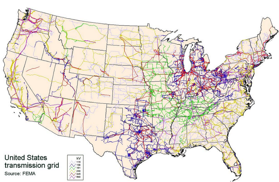 US Transmission Grid Map - highest density of lines and colors run from TX to MI, then along both coasts