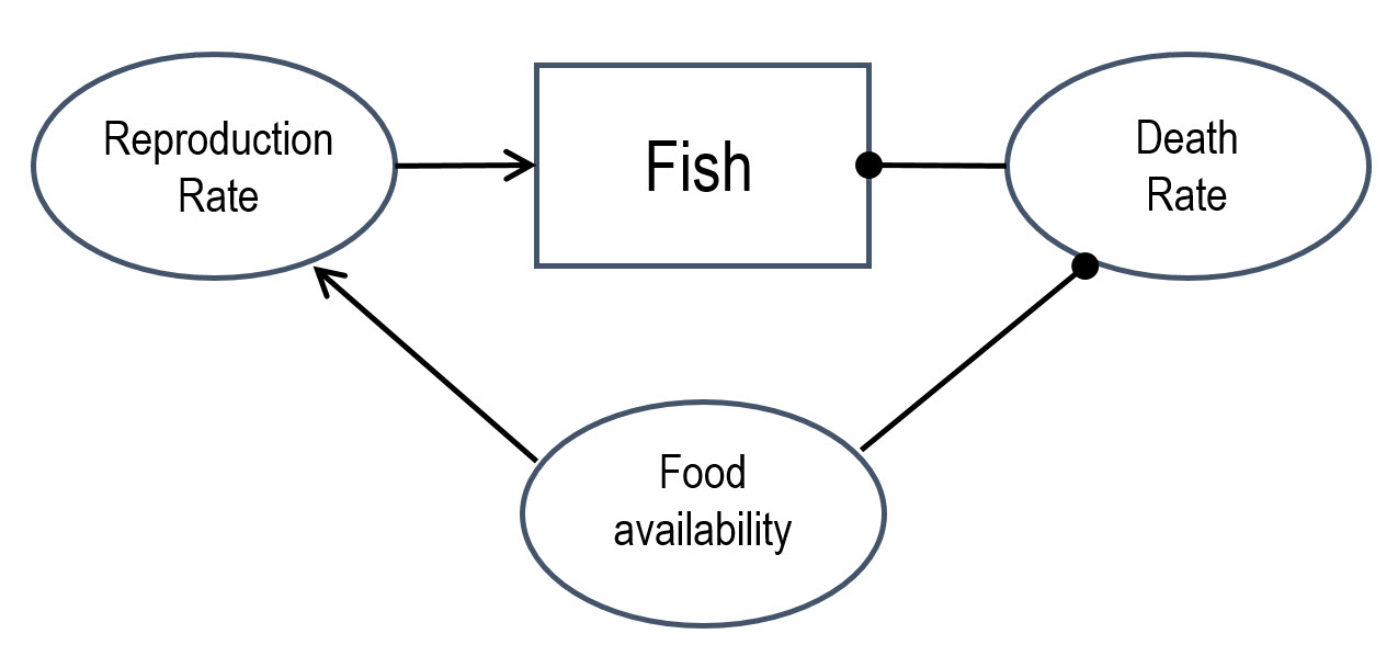 diagram (reproduction rate - fish - death rate - food availability)