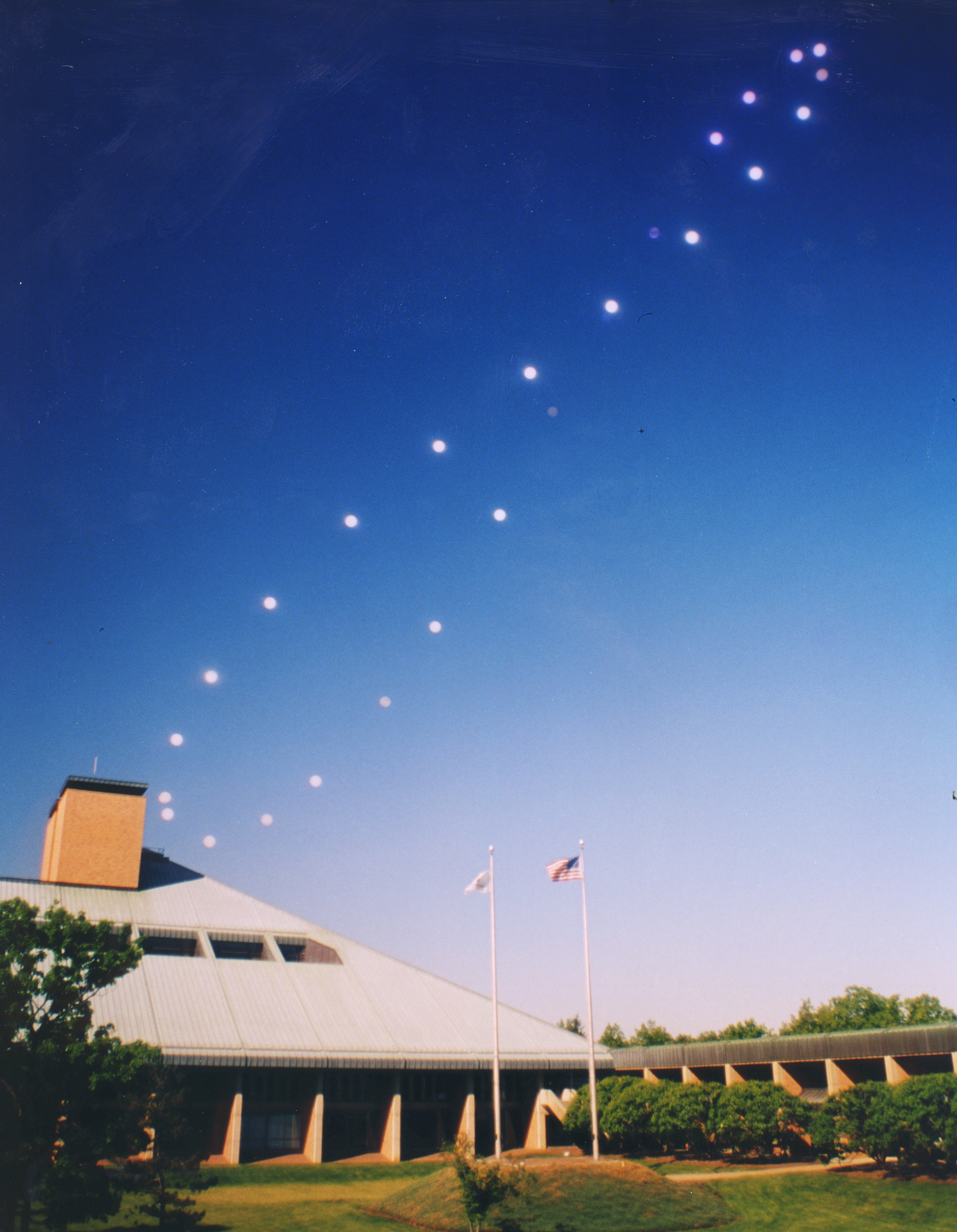 Analemma image: shows position of Sun through the year at the same clock time. Makes large figure 8.
