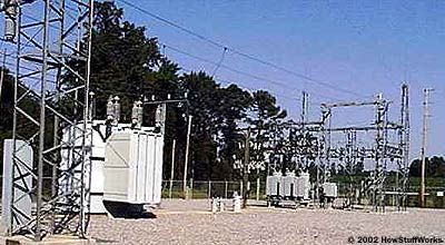 A photograph of a substation that reduces voltage after transmission.