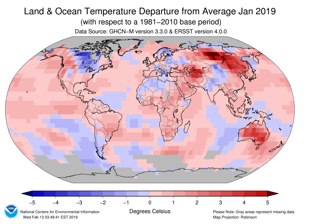 Map showing departure from 50 year average temperature across the world in January 2019. Most of the world is much hotter than average. In the U.S, the upper Midwest was a bit colder than average, but the rest of the U.S. was hotter.