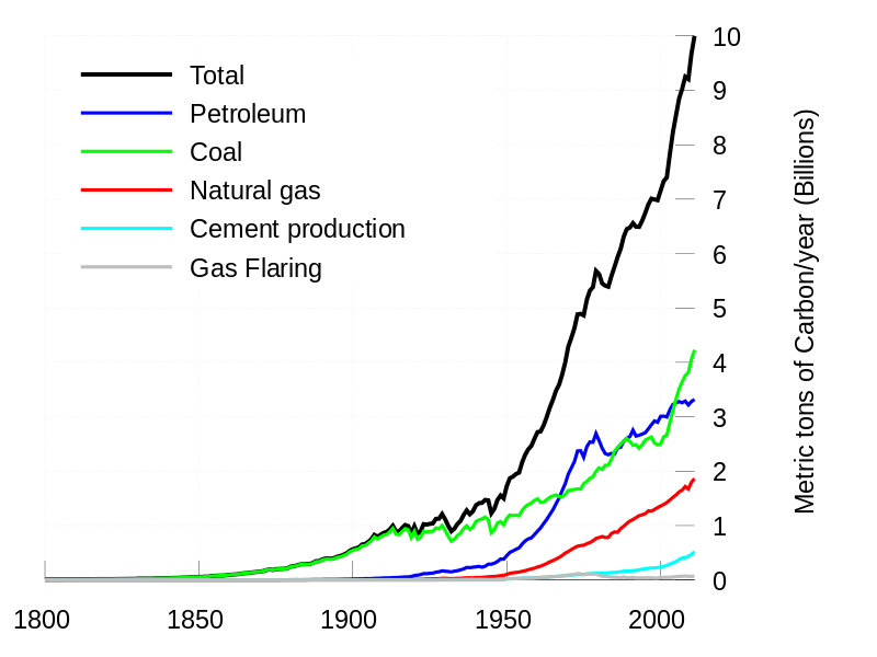 Chart showing the total carbon emissions by source from 1800 through 2007. Coal is the largest single source. Relavant info in caption
