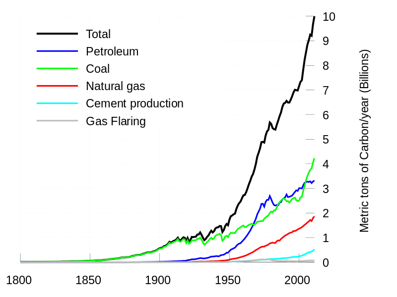 Chart showing the total carbon emissions by source from 1800 through 2007. Coal is the largest single source.