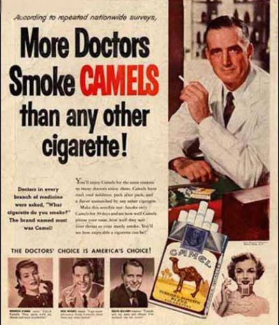 Magazine advertisement from the early 20th century stating that "more doctors smoke camels than any other cigarette."