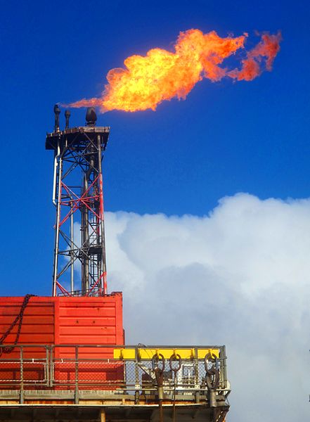 A gas flare from atop oil rig in the North Sea.