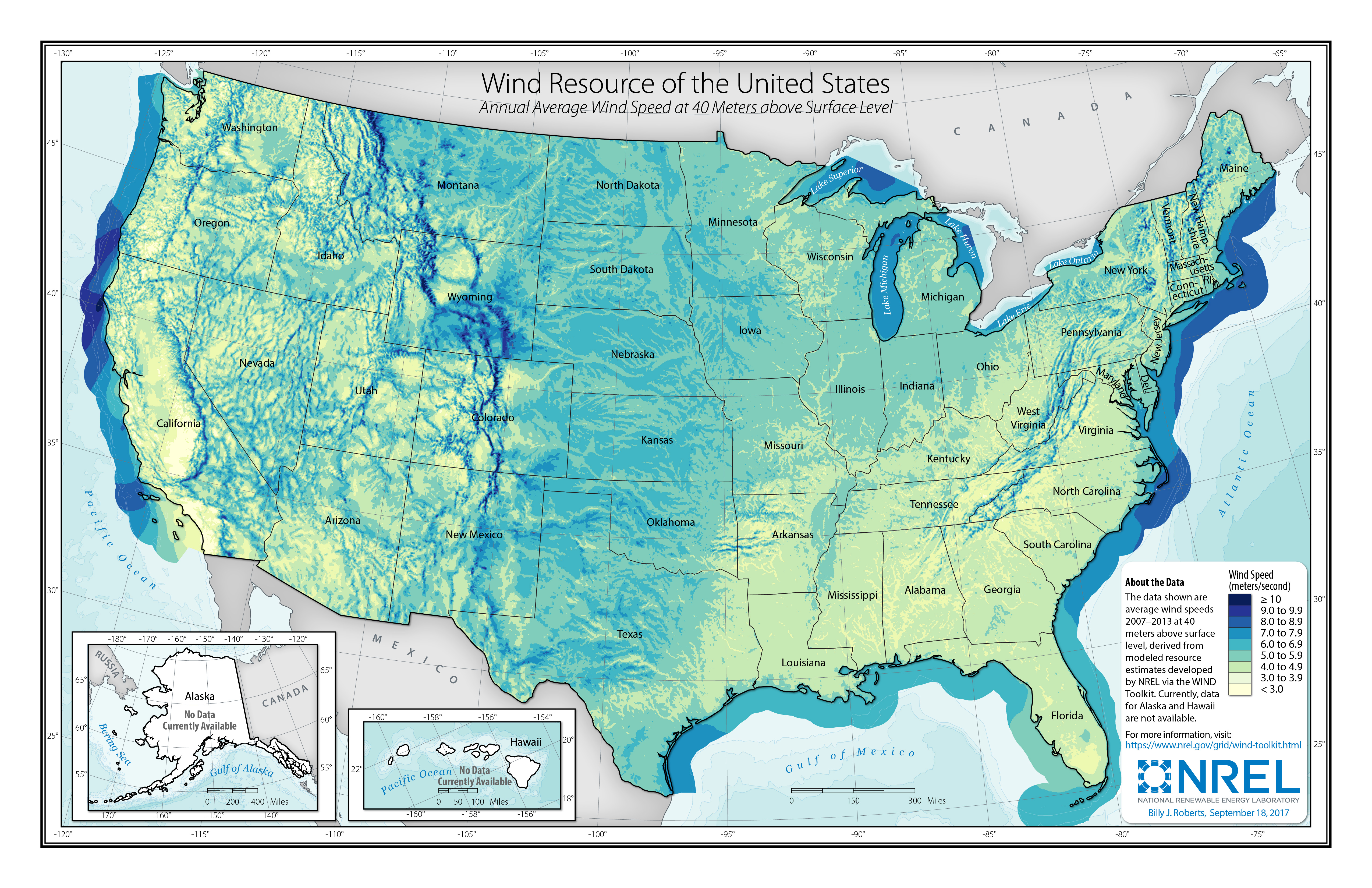 Average wind speed at 40 m height, U.S.. Highest speeds occur in the middle of the country