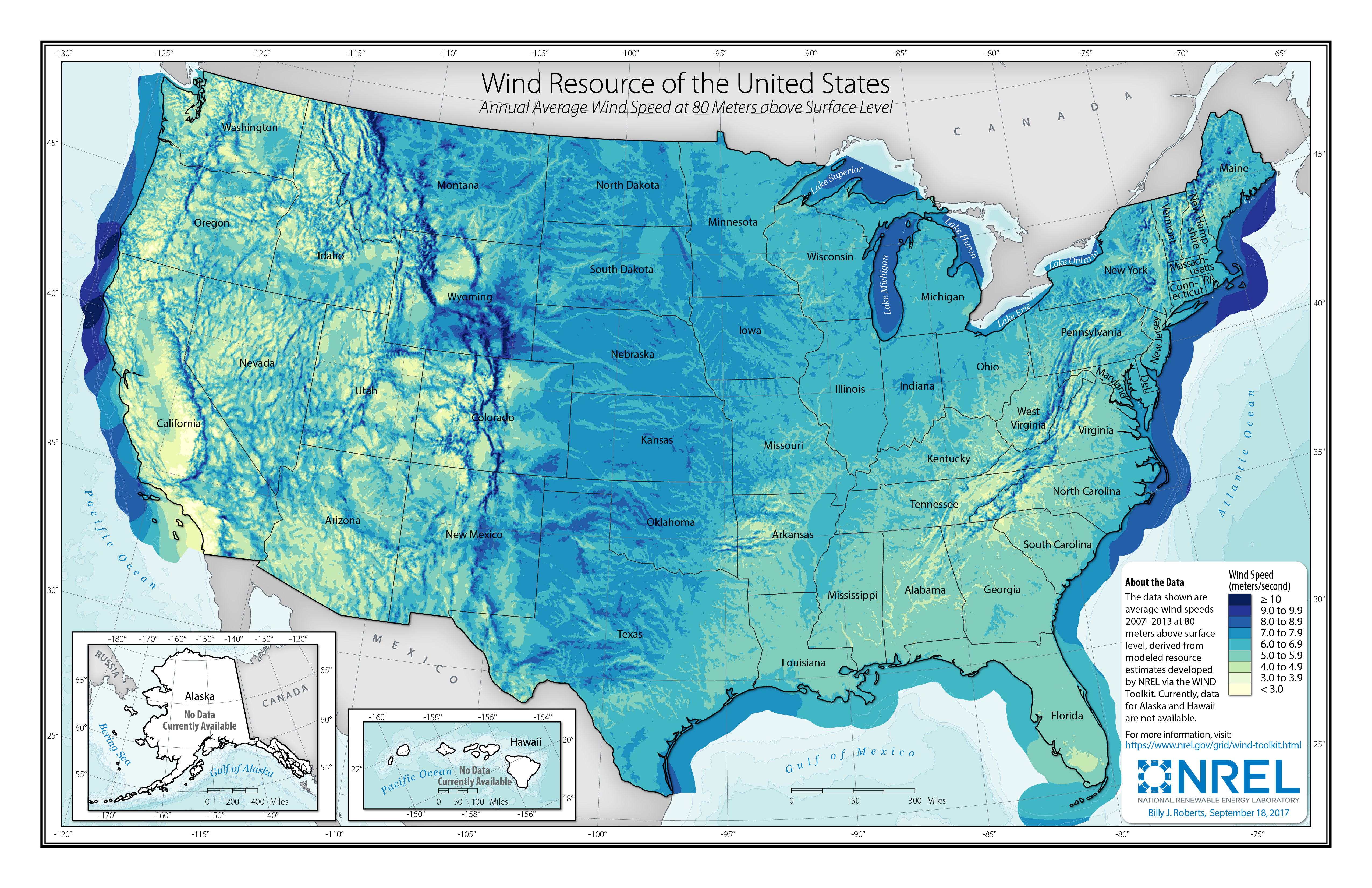 Onshore and offshore average wind speeds in the U.S. Highest speeds along coasts and in central plains