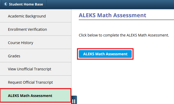 Screenshot of Academic Records page: "ALEKS Math Assessment" as last option of list on left of page.