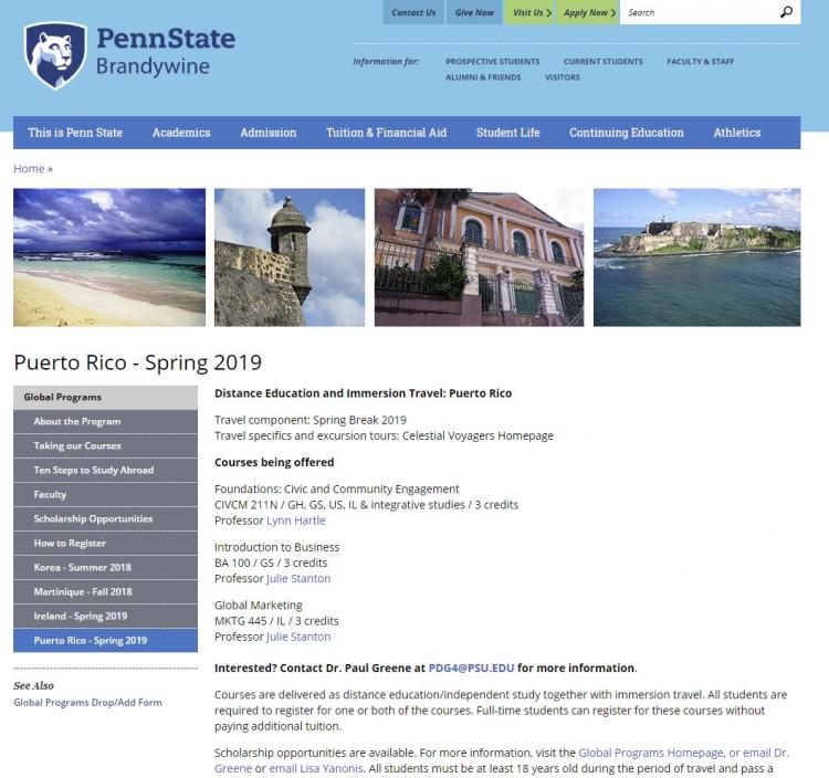 Screenshot of Penn State Brandywine website about Puerto Rico study abroad program