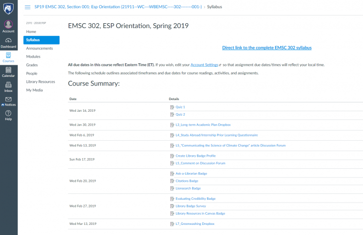Screenshot of Canvas EMSC 302 Orientation page. Showing Course summary with assignments name & due date. 