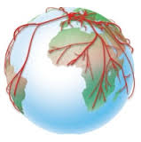  image of globe with red veins connecting different places