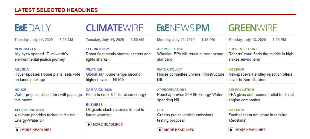 Screenshot of E&E New's publication list: E&E Daily, Climate Wire, E&E News PM, and Greenwire